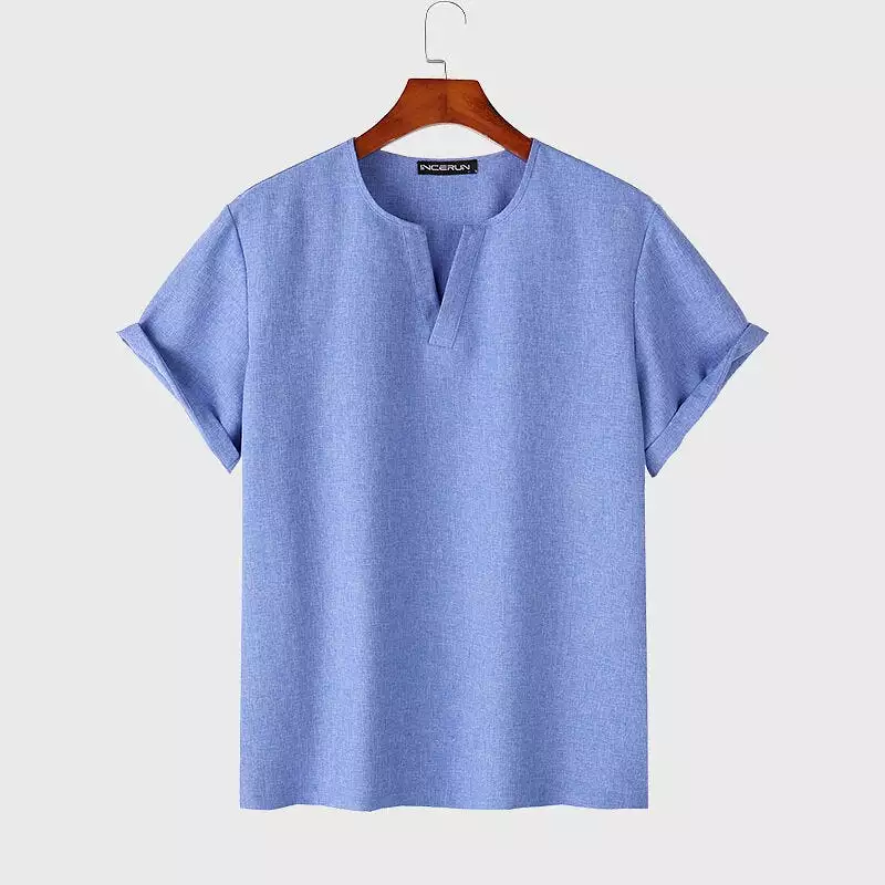 2023 Men Casual T Shirt Short Sleeve V Neck  Summer Leisure Men Clothing Loose Streetwear Vintage Camisetas S-5XL INCERUN