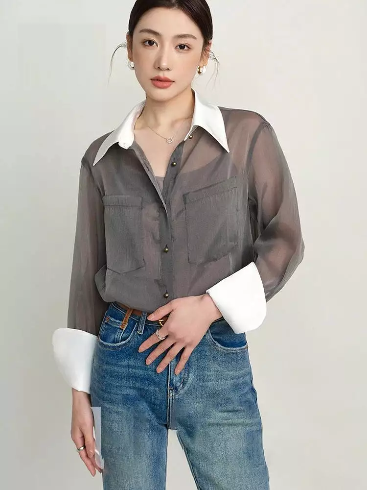 2024 Spring Korea Style Long Sleeve Sheer Women Shirt Office Lady Loose Button Up Patchwork Woman Blouse Work Female Tops