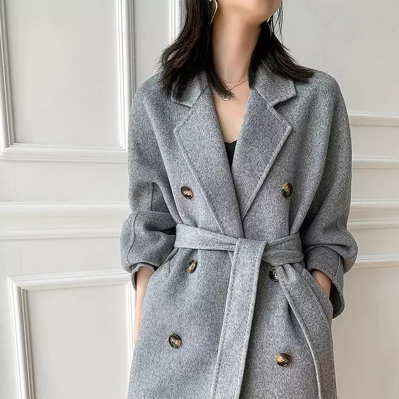 Ashore Shop Autumn and Winter New Cashmere Coat Women's Classic Double-breasted Women's Thickened Double-sided Wool Long Coat  M