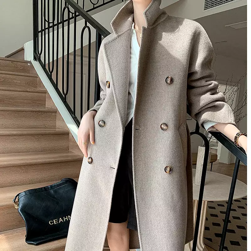 Ashore Shop Autumn and Winter New Cashmere Coat Women's Classic Double-breasted Women's Thickened Double-sided Wool Long Coat  M