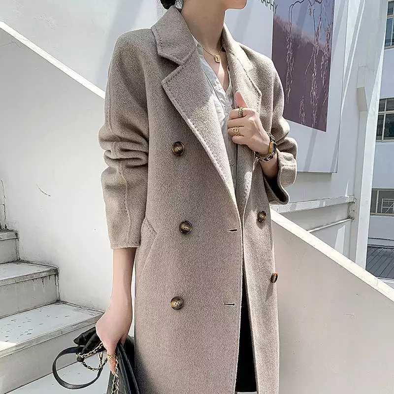 Ashore Shop Autumn and Winter New Cashmere Coat Women's Classic Double-breasted Women's Thickened Double-sided Wool Long Coat  M