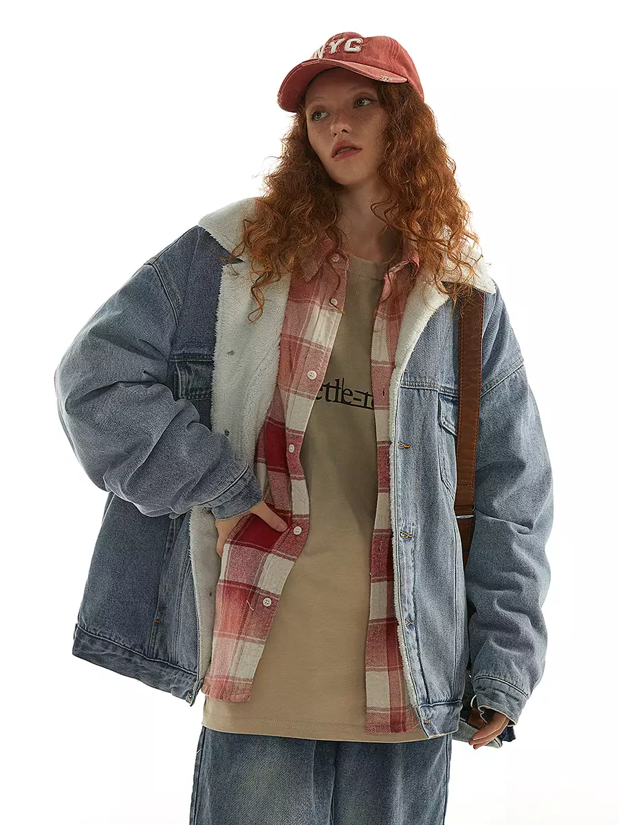 Ashore Shop Btown imitation lamb denim jacket for women loose couple thickened cotton coat