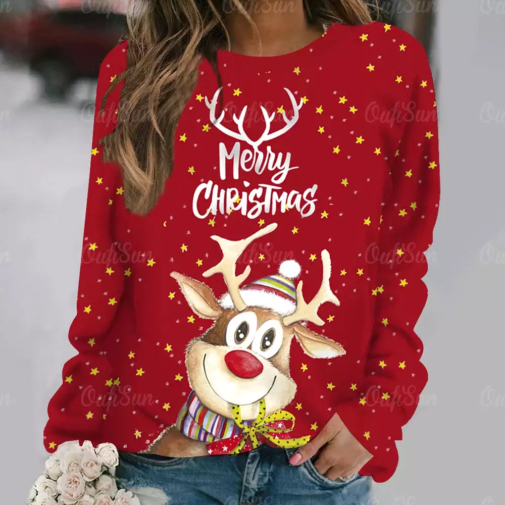 Ashore Shop Christmas Women Long Sleeves T-Shir t Elk Print Imitation Cotton T Shirt Pullover