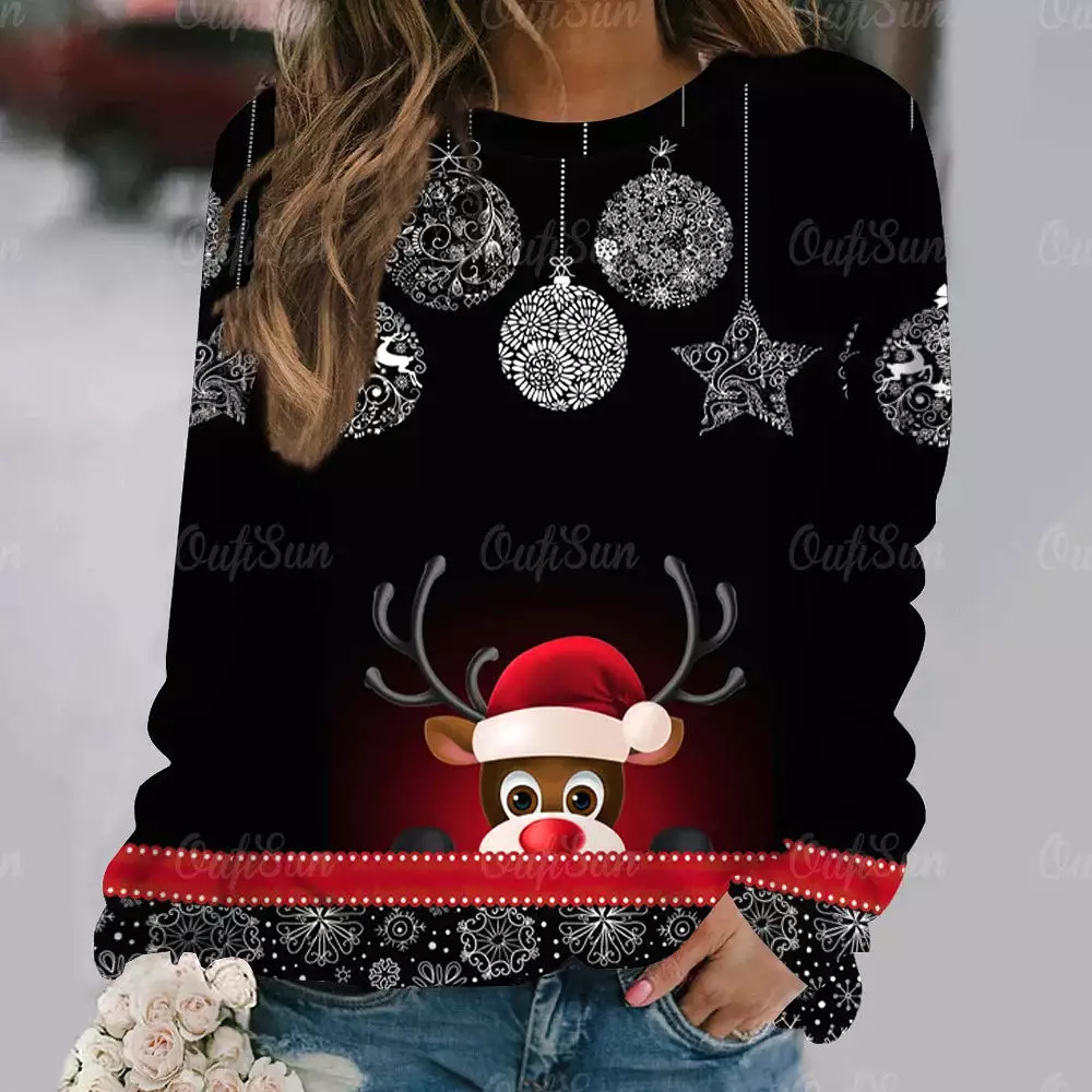 Ashore Shop Christmas Women Long Sleeves T-Shir t Elk Print Imitation Cotton T Shirt Pullover