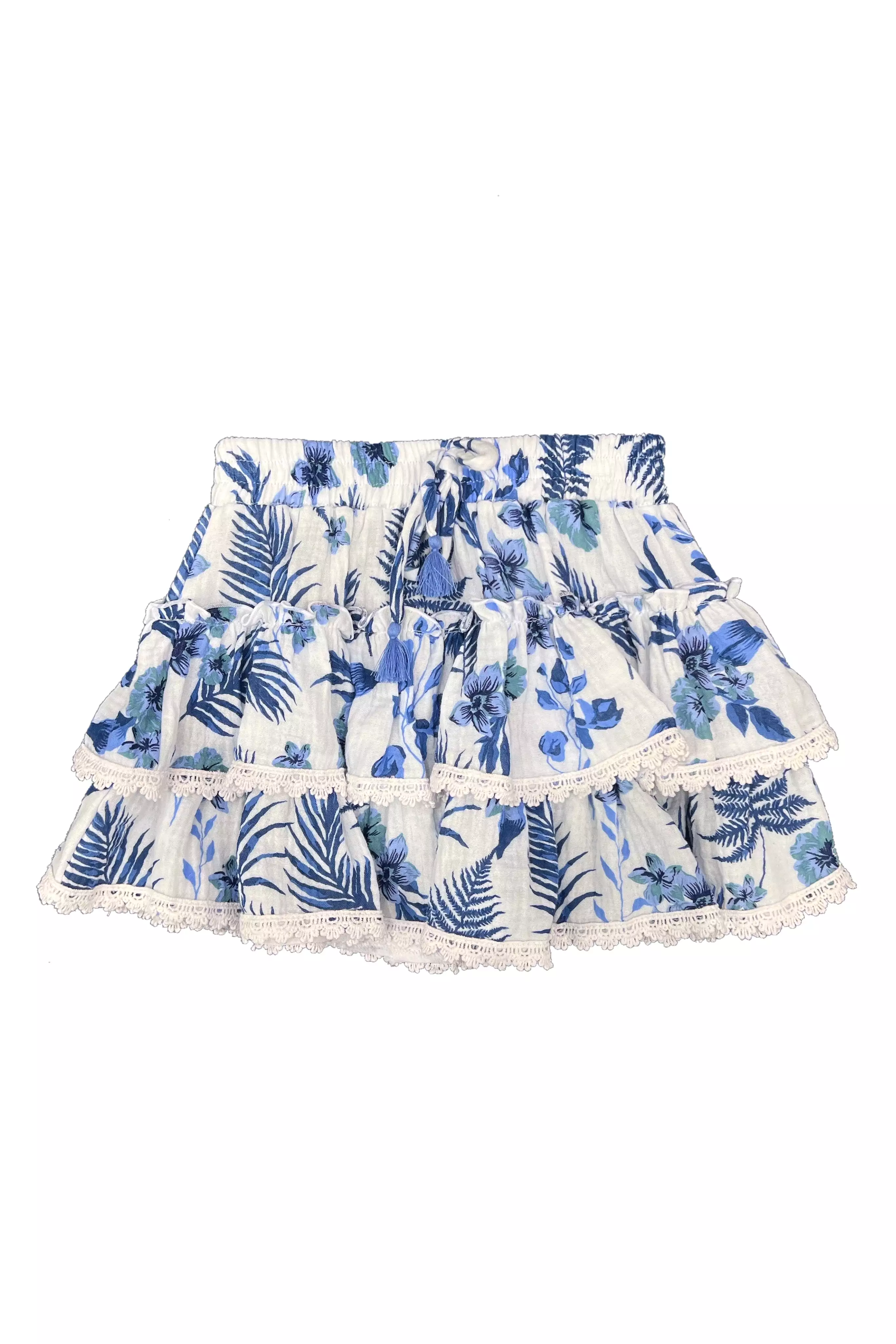 Blue Hawaiian Gauze Lace Detail Ruffle Skirt