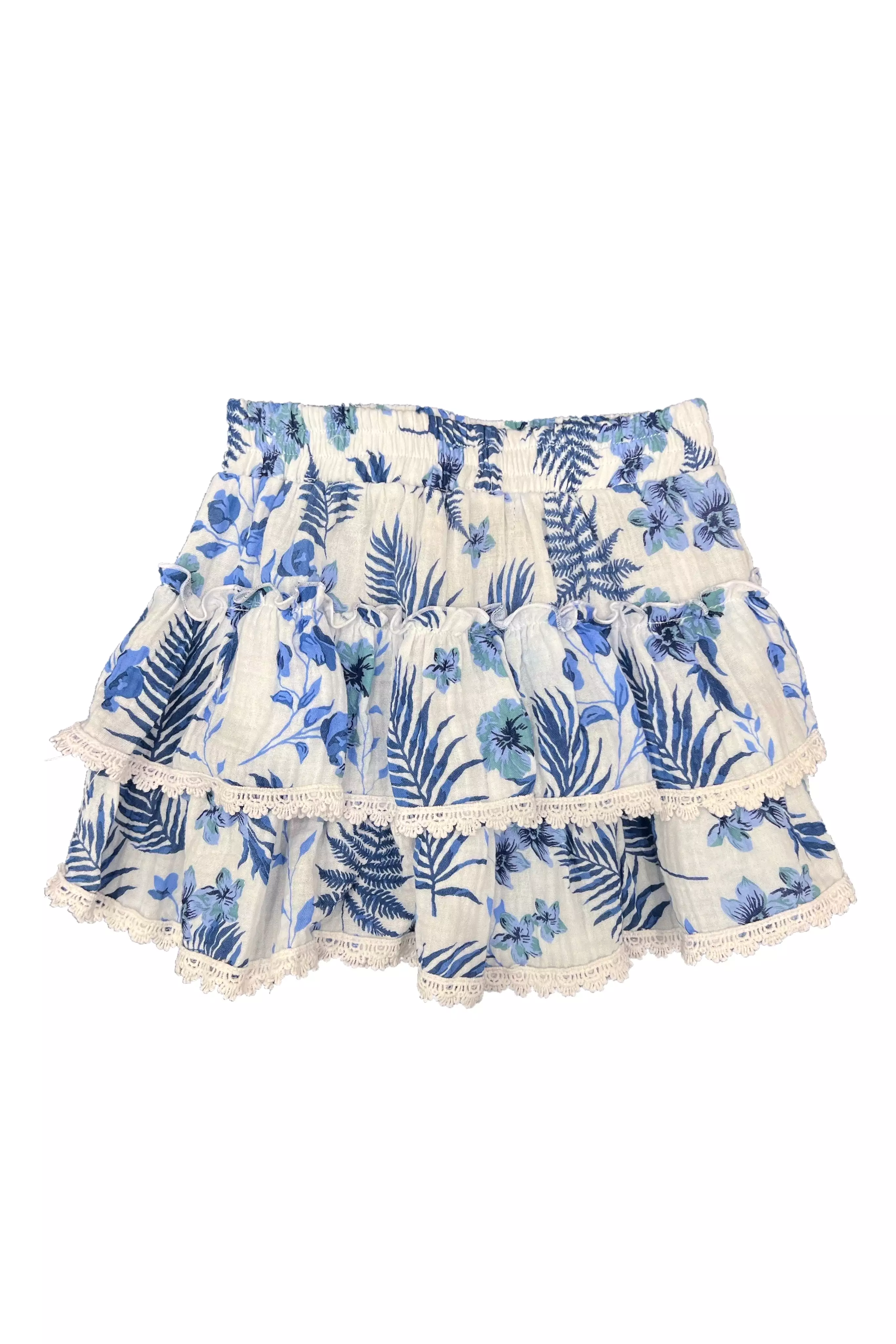 Blue Hawaiian Gauze Lace Detail Ruffle Skirt