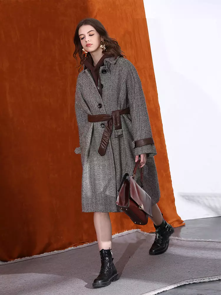 Classic  Herringbone women's  wool coat with sheepskin mid-length jacket Quilting Lining