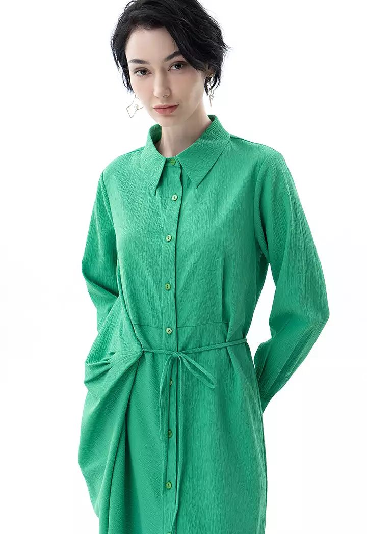 Crinkled Solid Self Tie Shirt Dress