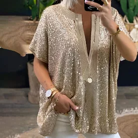 Fashion Women Sequin T-Shirt Loose Female Short Sleeve Blouse L B-112907