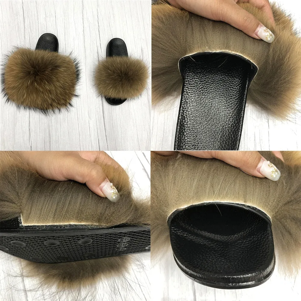 Gray Summer Indoor Fox Big Fur Fluffy House Slippers for Women