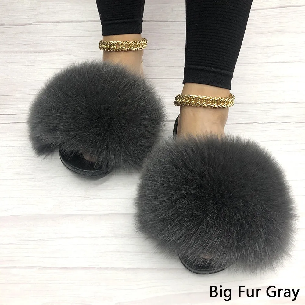 Gray Summer Indoor Fox Big Fur Fluffy House Slippers for Women