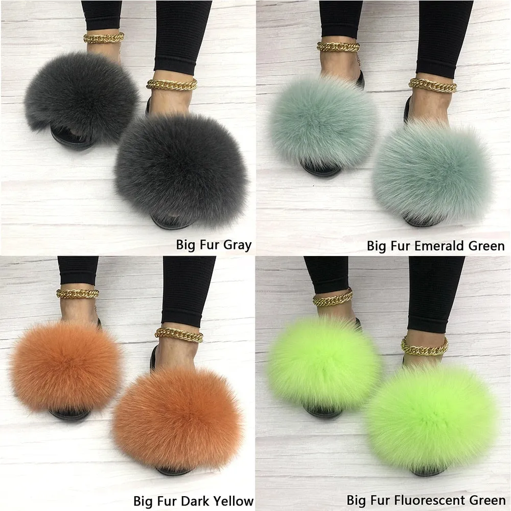 Gray Summer Indoor Fox Big Fur Fluffy House Slippers for Women