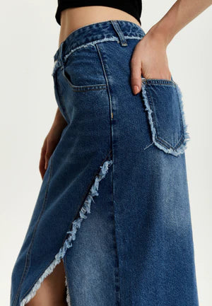 Liquorish Blue Wrap Front Maxi Denim Skirt