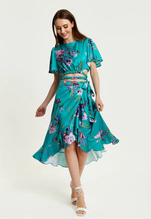 Liquorish Green Floral Print Midi Wrap Skirt