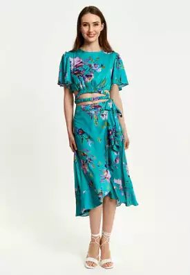 Liquorish Green Floral Print Midi Wrap Skirt