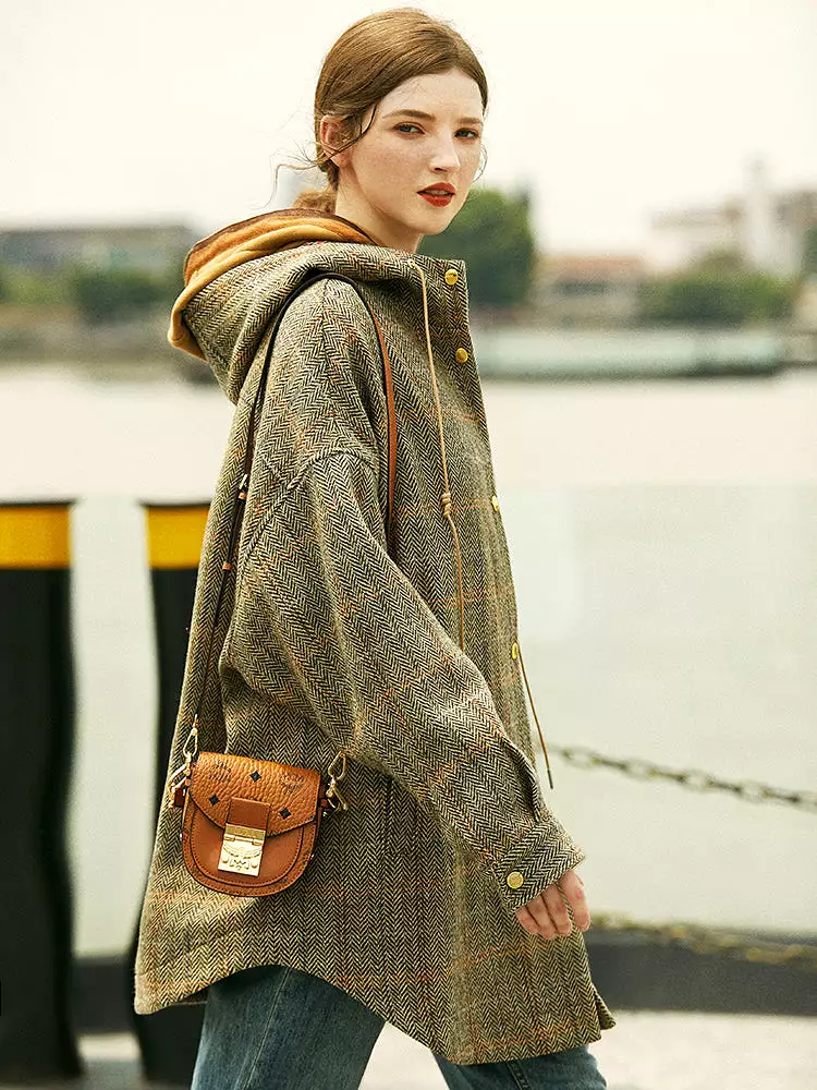 Luxury Heavy wool plaid coat women's loose silhouette hooded coat