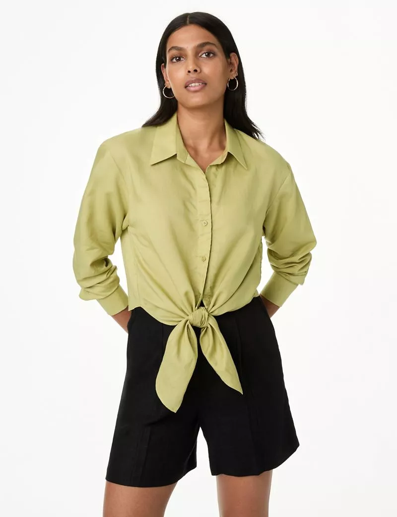 Lyocell Rich Tie Front Shirt with Linen