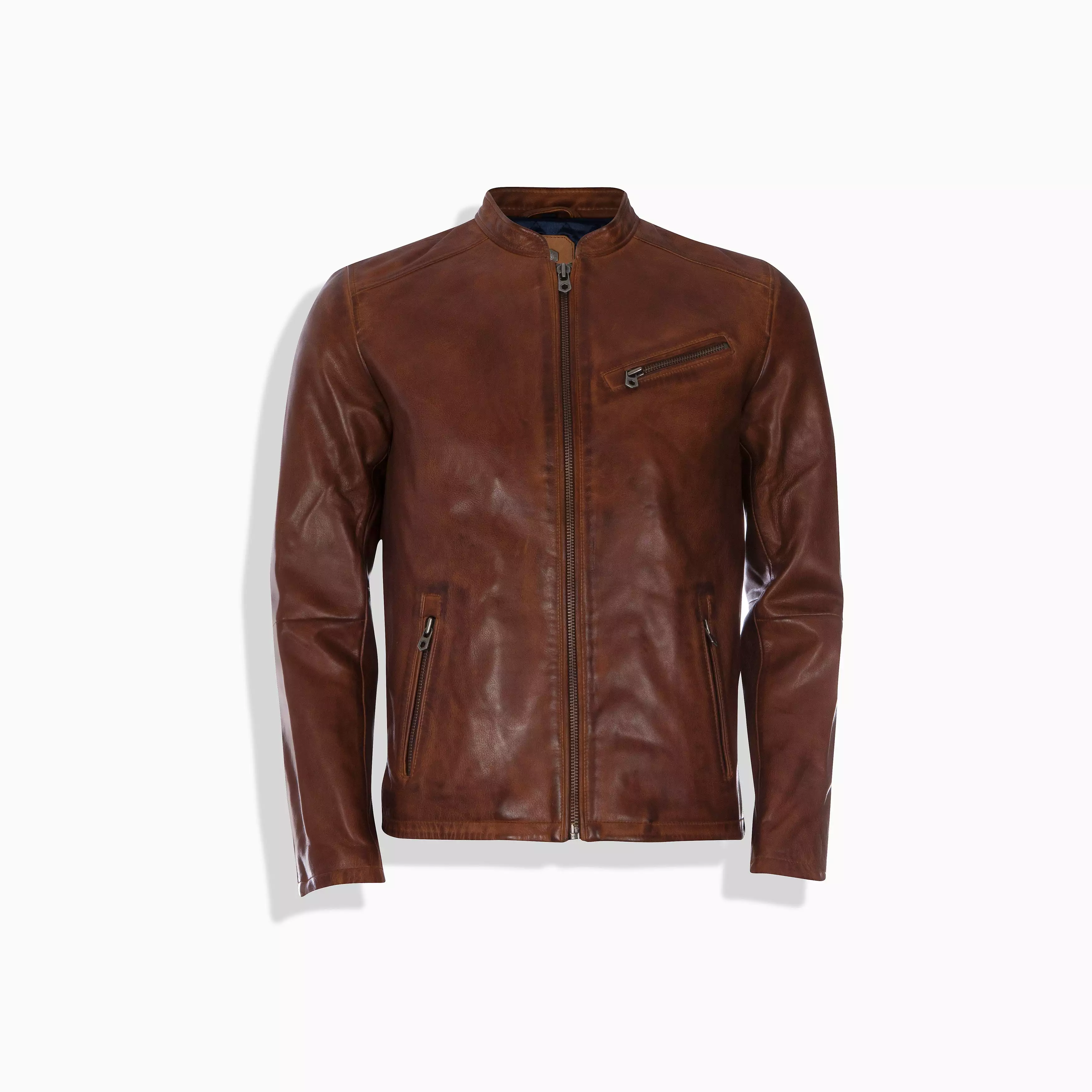 Mandarin Collar Leather Jacket, Cognac