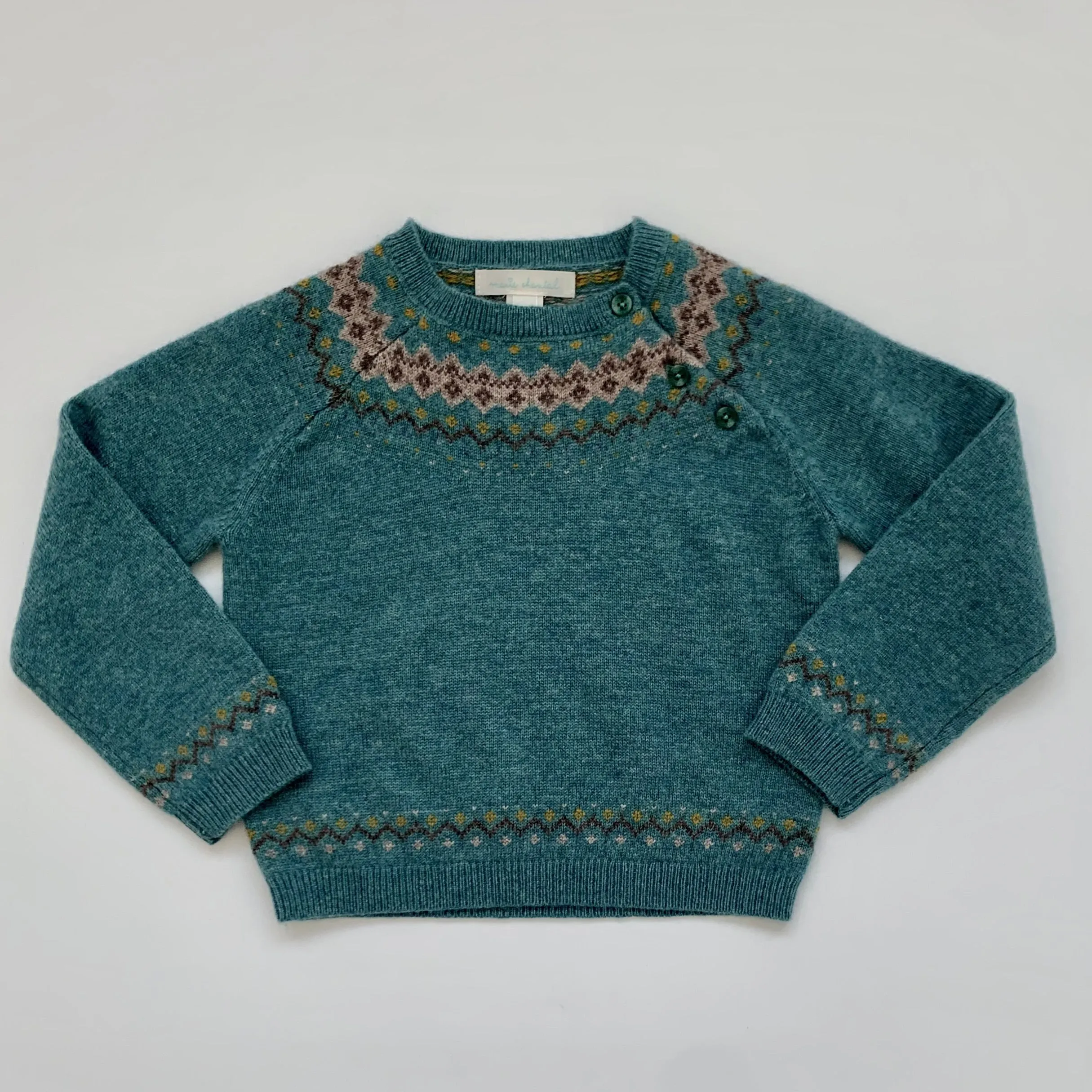 Marie-Chantal Teal Merino Wool/ Cashmere FairIsle Jumper: 24 Months