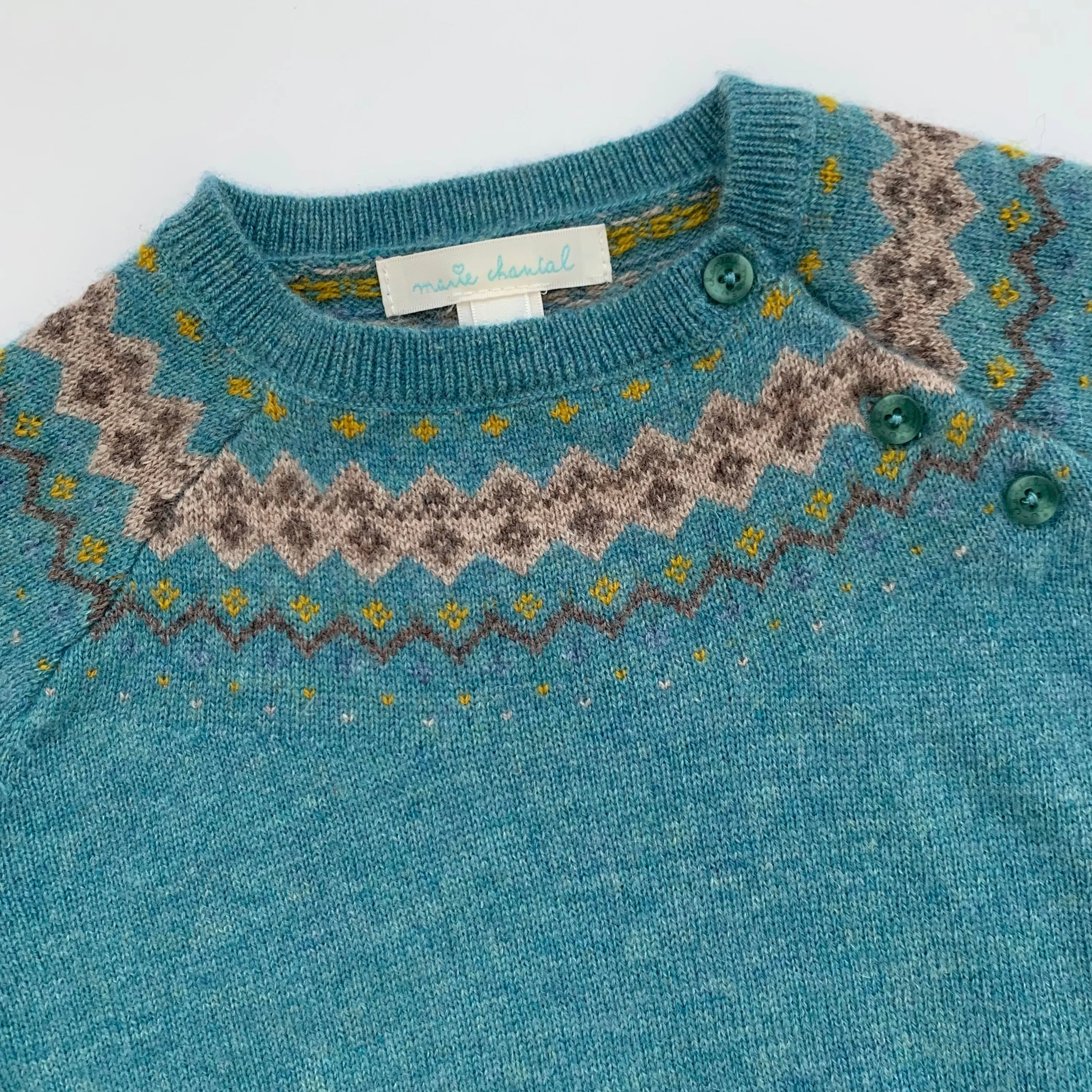 Marie-Chantal Teal Merino Wool/ Cashmere FairIsle Jumper: 24 Months