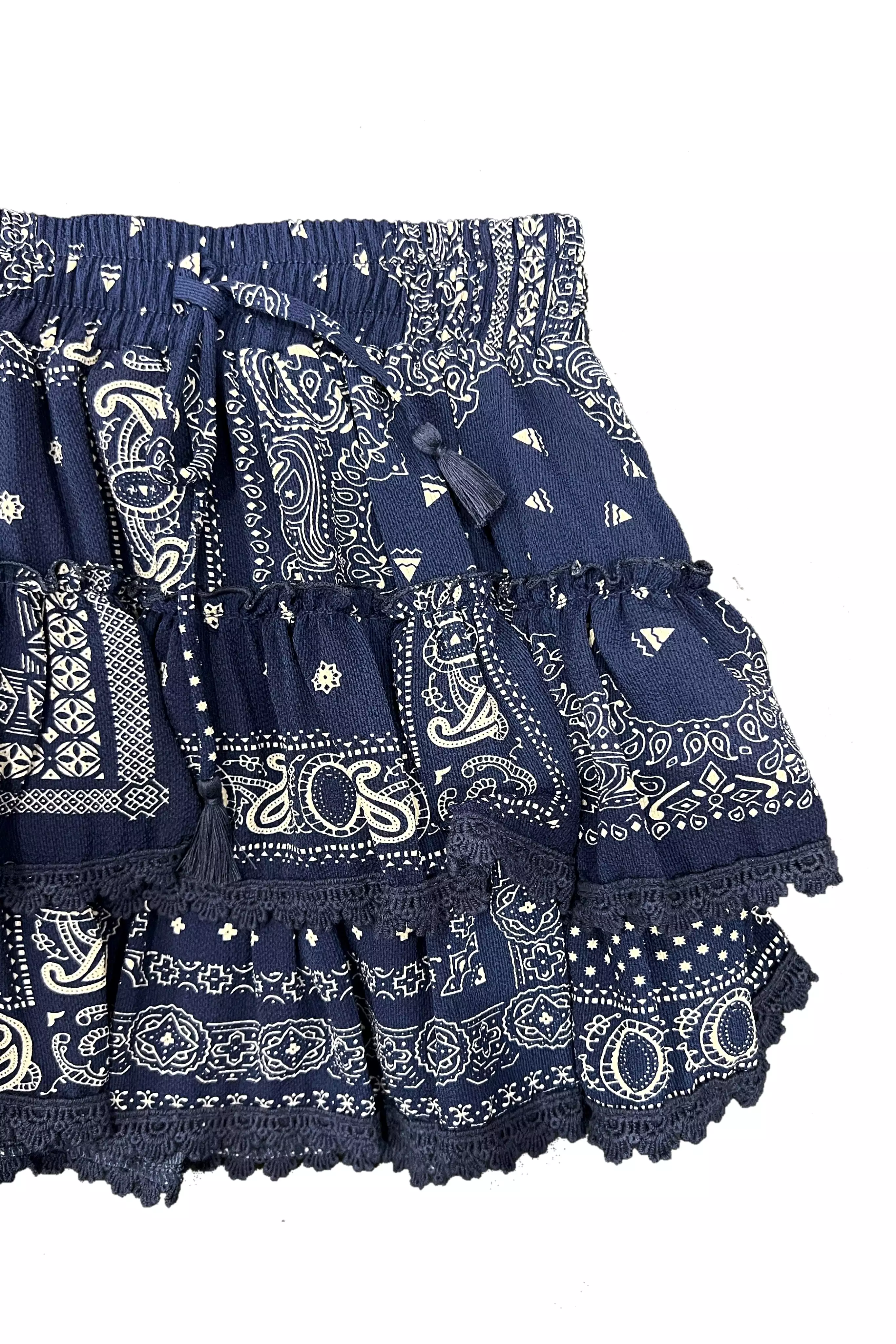 Navy Bandana Chiffon Lace Detail Ruffle Skirt