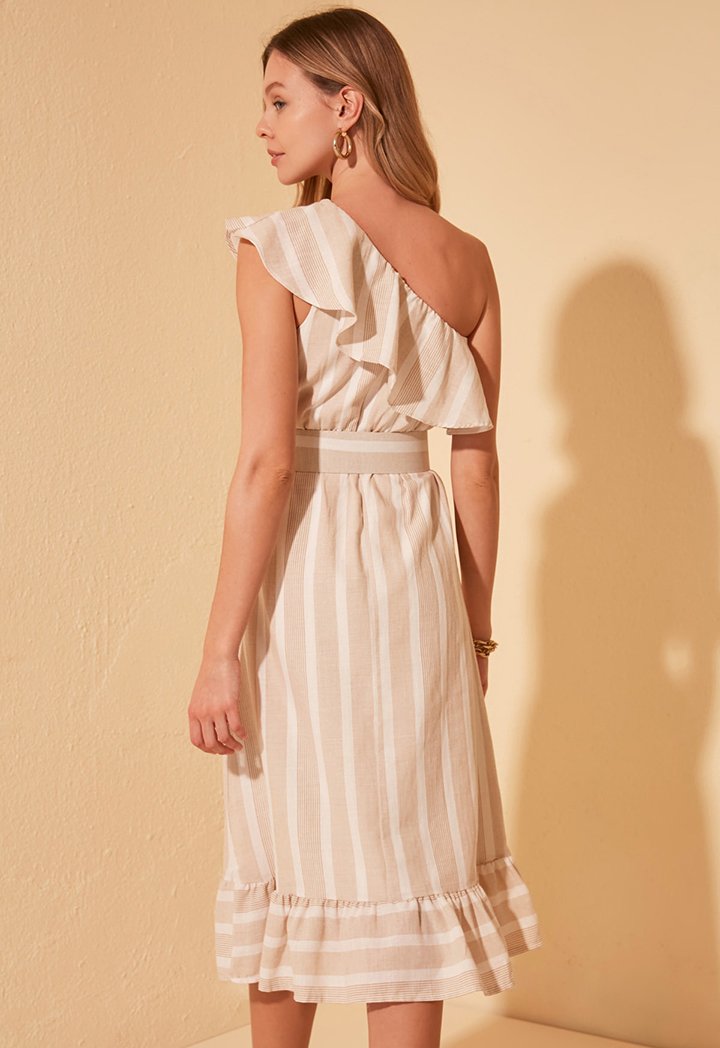 One Shoulder Striped Belted Dress