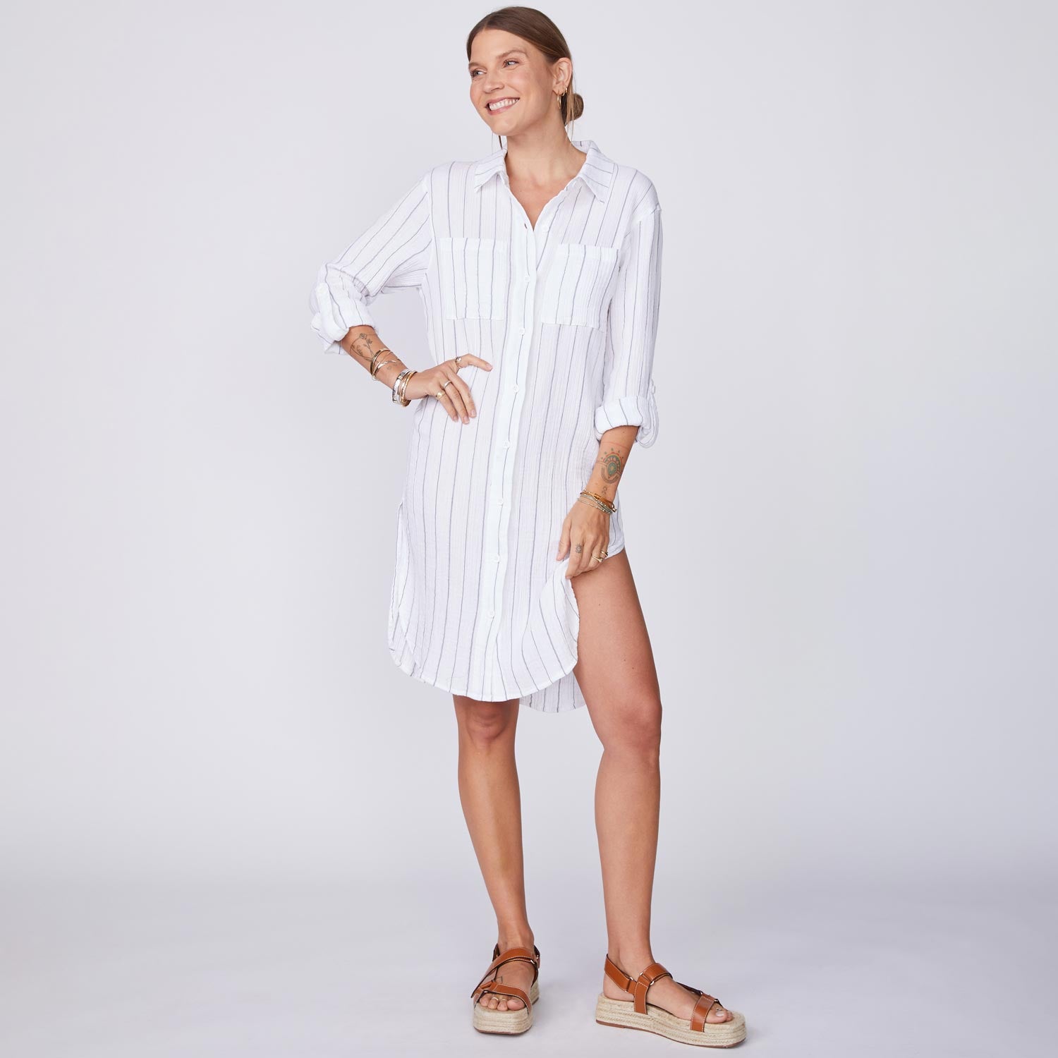 Pinstripe Gauze Shirt Dress