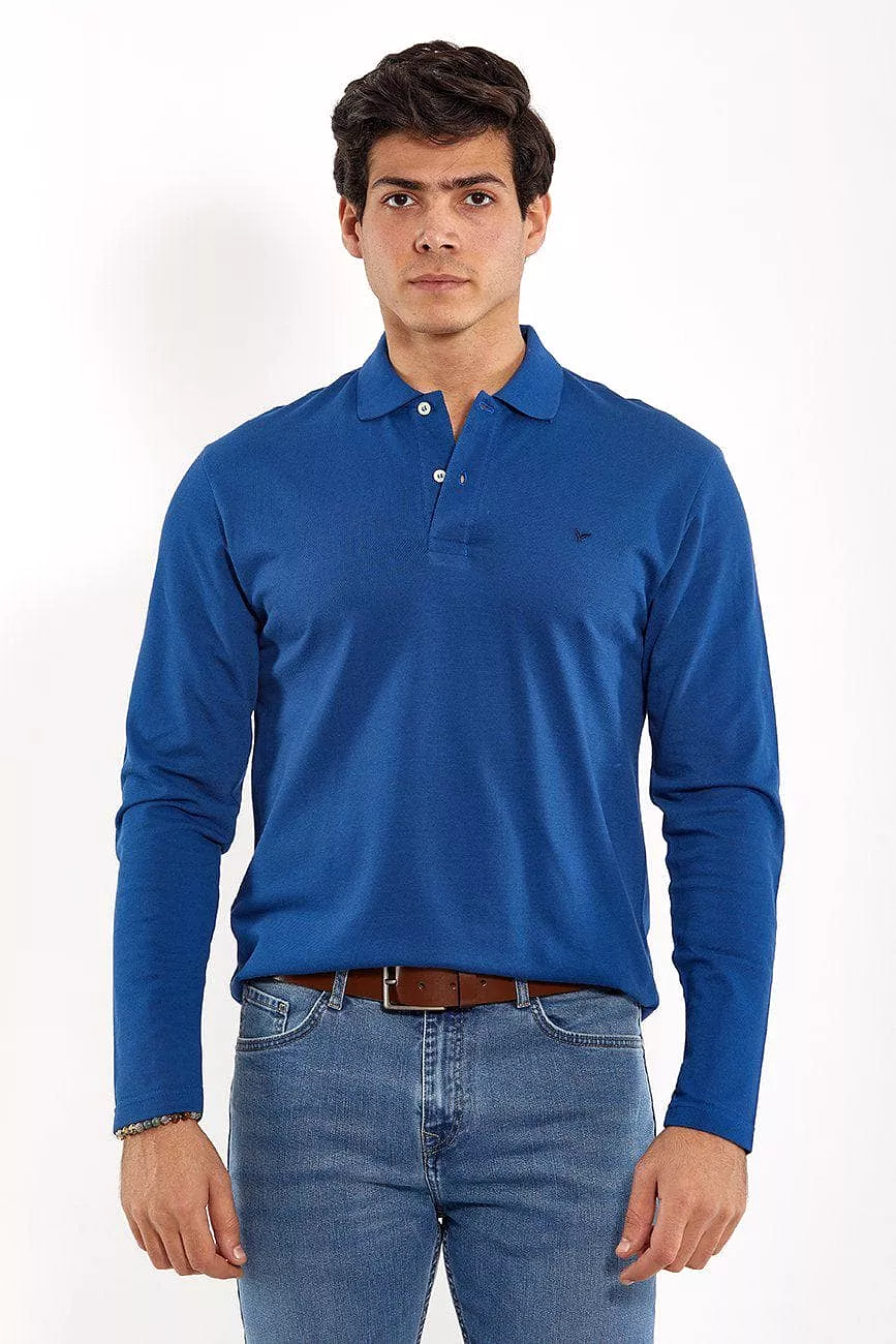 Plain Long-Sleeve Polo Shirt - BLUE FONSE