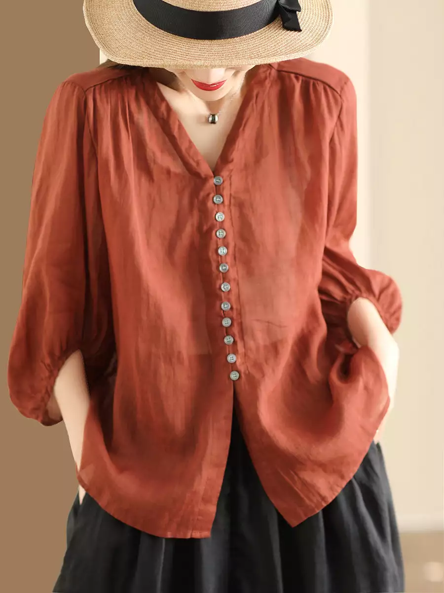 Plus Size Women Casual Summer Solid Button-up Ramie Shirt PA1038