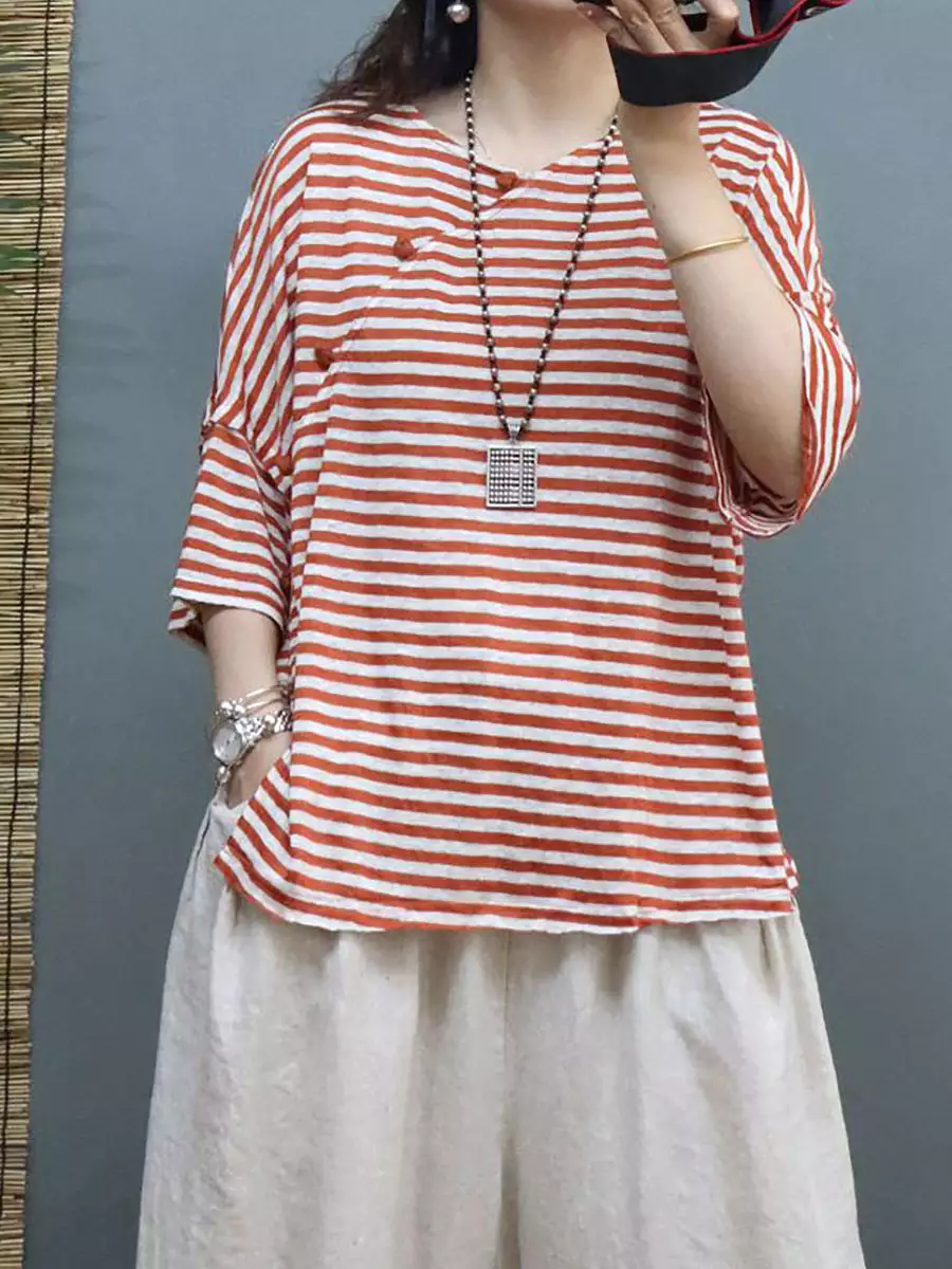 Plus Size Women Summer Vintage Stripe Linen Shirt SC1027