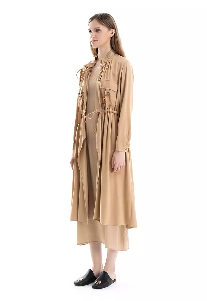 Solid Elasticated Drawstring Long Jacket