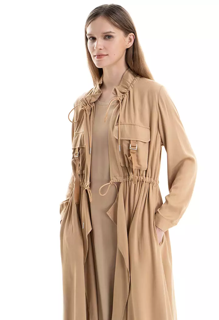 Solid Elasticated Drawstring Long Jacket