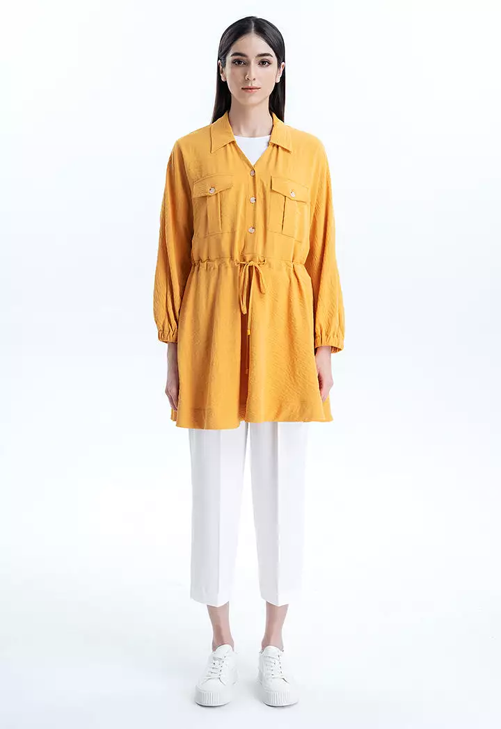 Solid Tunic Blouse With Drawstring Closure