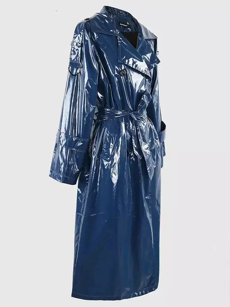 Spring Autumn Long Blue Soft Thin Shiny Reflective Patent Faux Leather Trench Coat for Women Sashes European Fashion