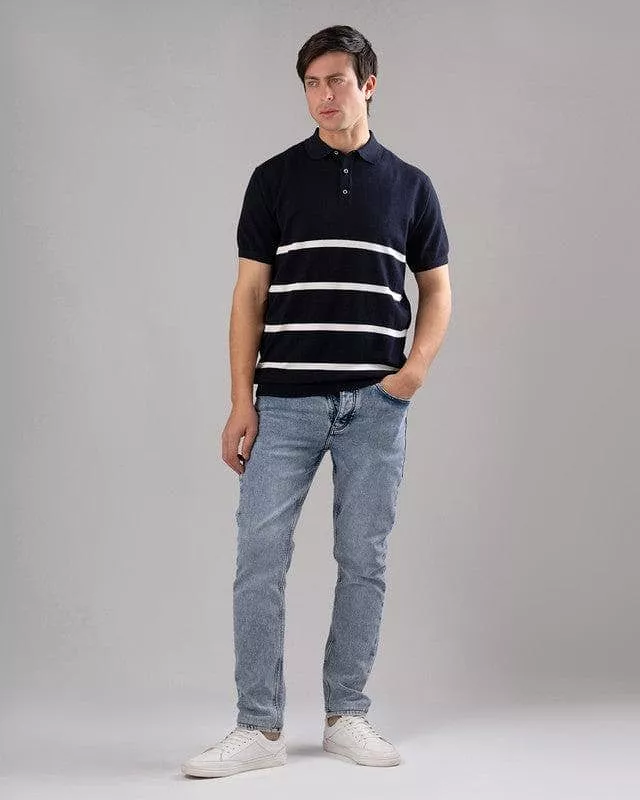 STRIPED KNIT POLO SHIRT  -DARK NAVY