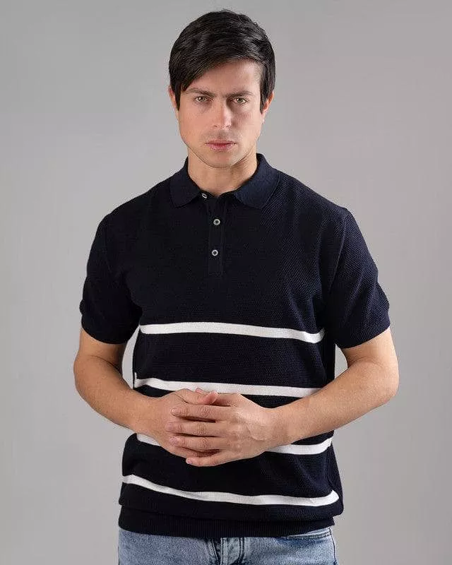 STRIPED KNIT POLO SHIRT  -DARK NAVY