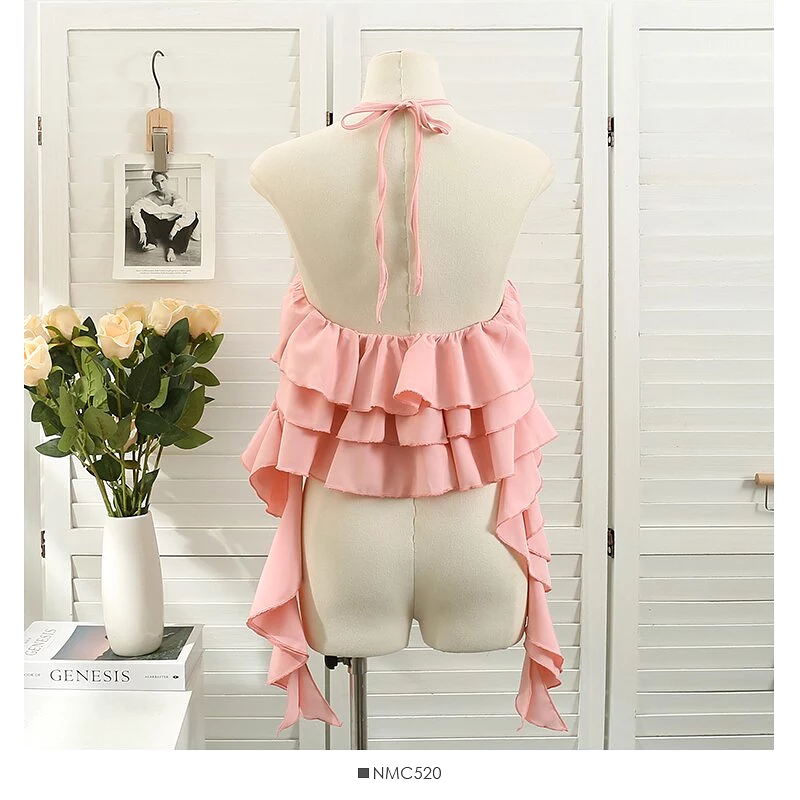 Summer Tops Sexy Blouse Halter Shirts Women Ruffles Shirt Backless Crop Top