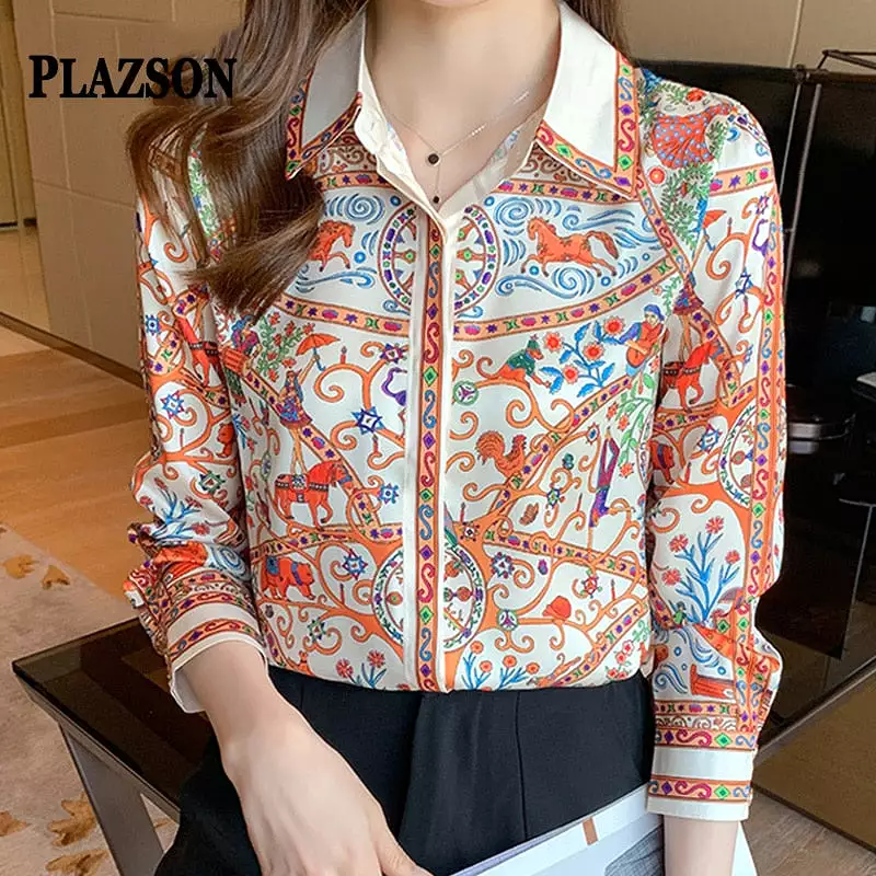 Vintage Women's Shirt Spring Long Sleeve Luxury Print Blouses Casual Tops Streetwear Elegant Blusas Mujer  