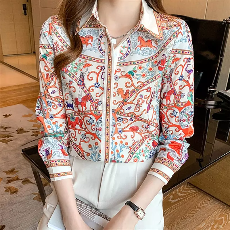 Vintage Women's Shirt Spring Long Sleeve Luxury Print Blouses Casual Tops Streetwear Elegant Blusas Mujer  