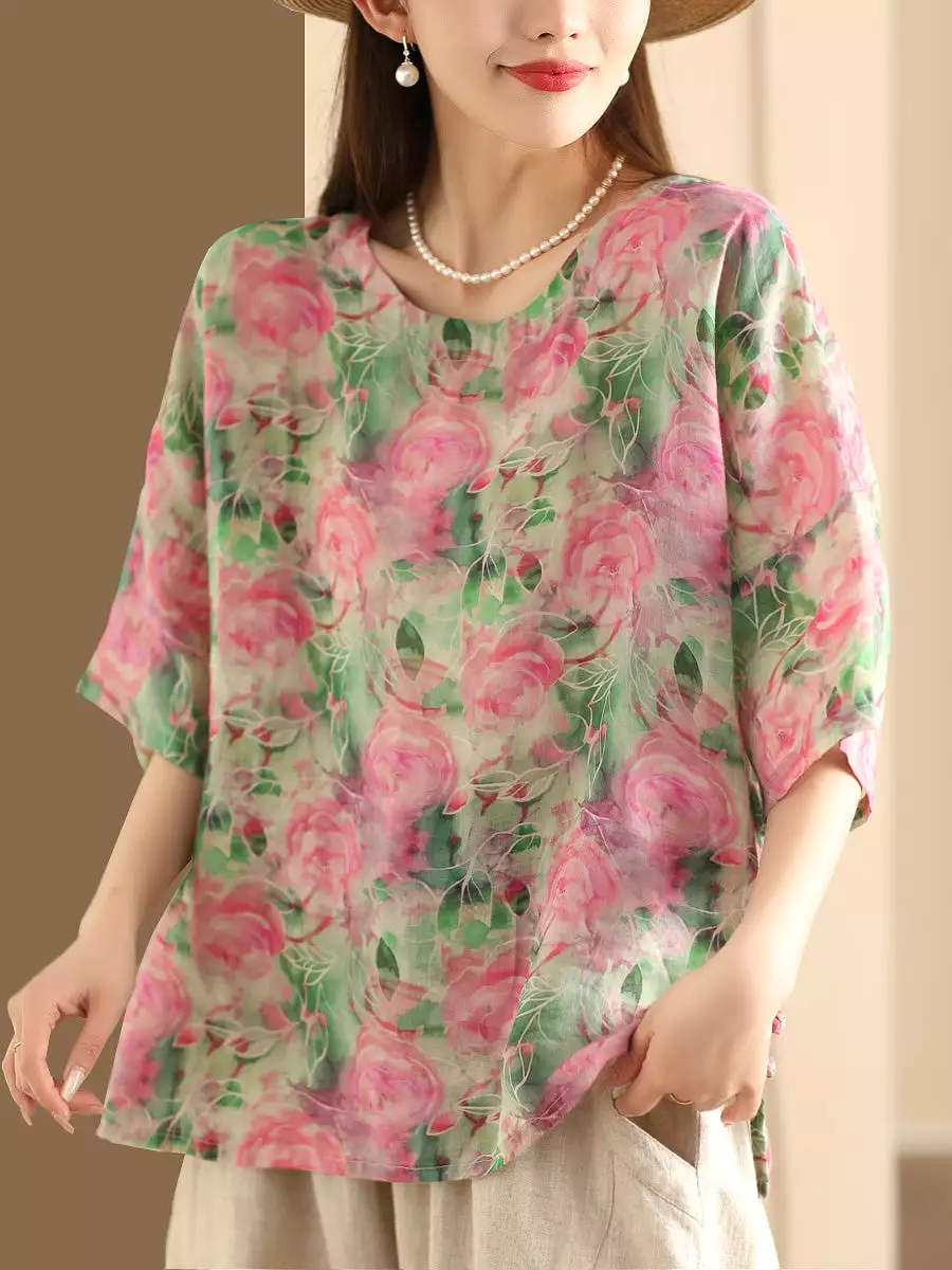 Women Artsy Floral Summer Ramie Pullover Shirt KL1016