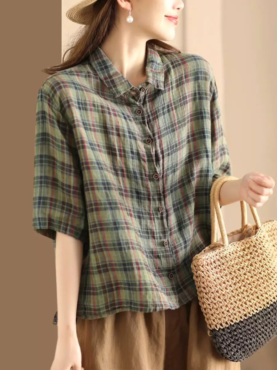 Women Artsy Plaid Summer Button-up Linen Shirt KL1012