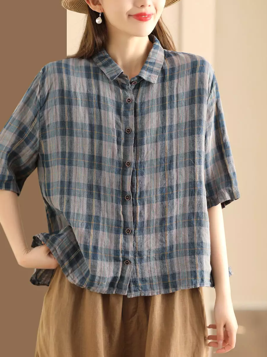 Women Artsy Plaid Summer Button-up Linen Shirt KL1012