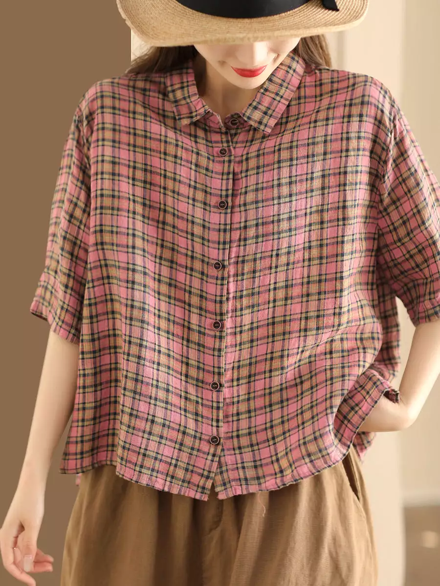 Women Artsy Plaid Summer Button-up Linen Shirt KL1012