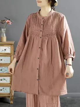 Women Artsy Summer Shirred Solid Linen Shirt SC1058