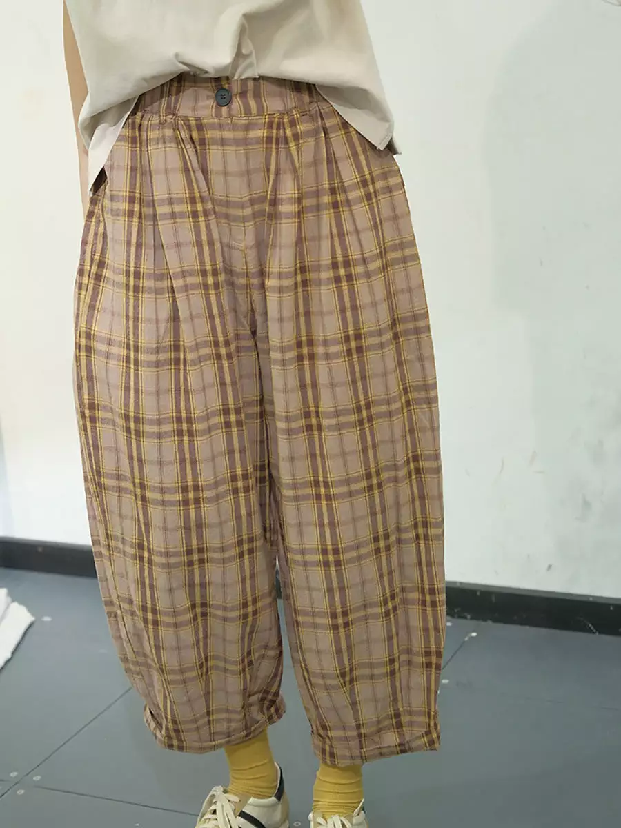 Women Casual Plaid Summer Cotton Loose Harem Pants KL1049