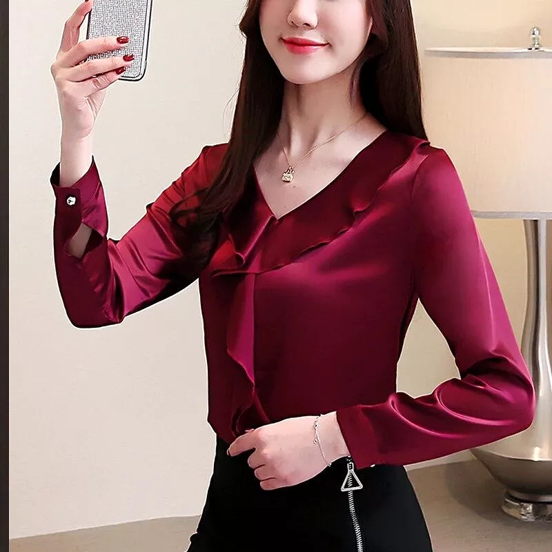 Women Elegant Ruffle V Neck Shirt L X4236557