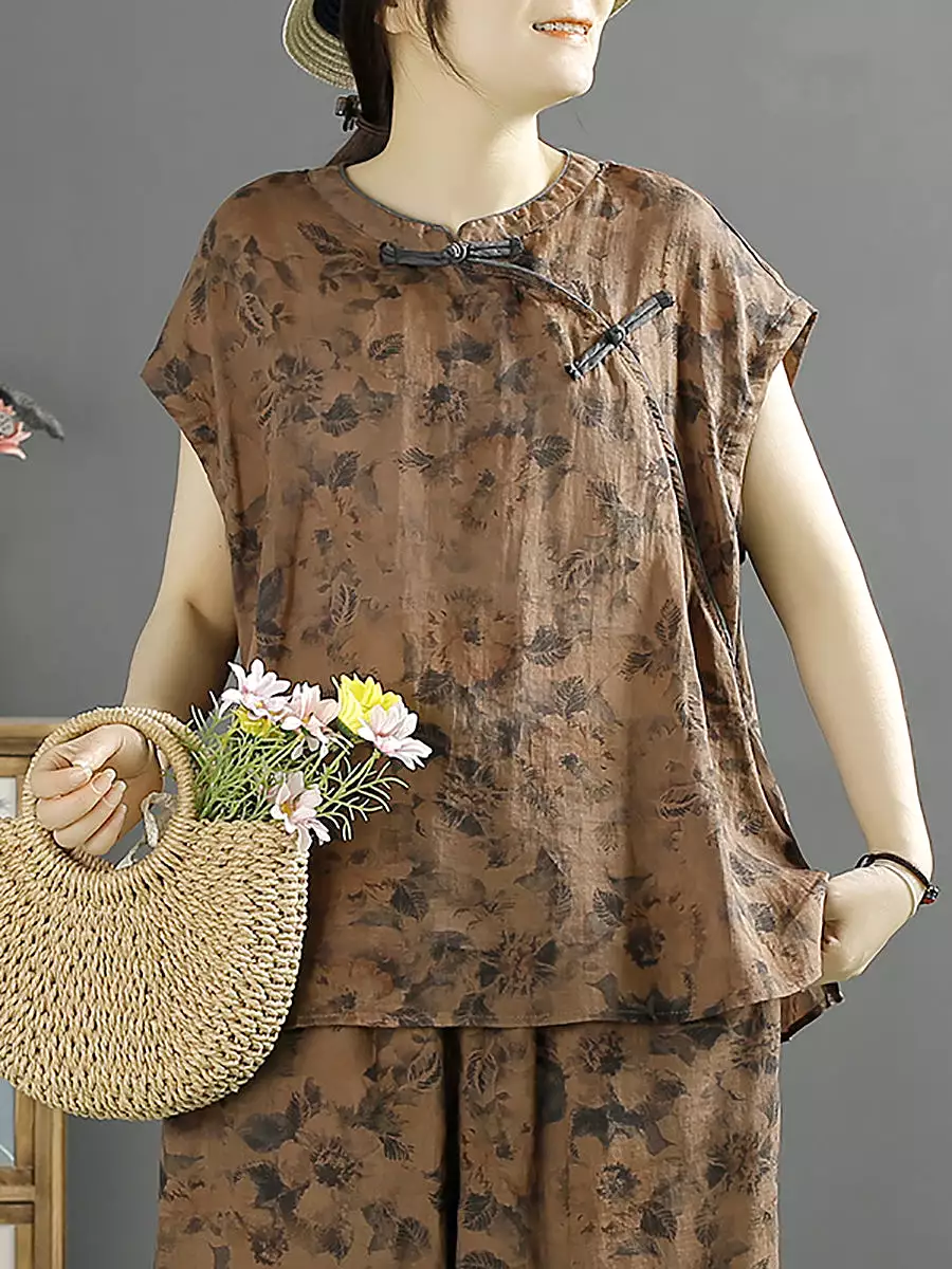 Women Ethnic Summer Floral Buckle 100%Ramie Shirt KL1007