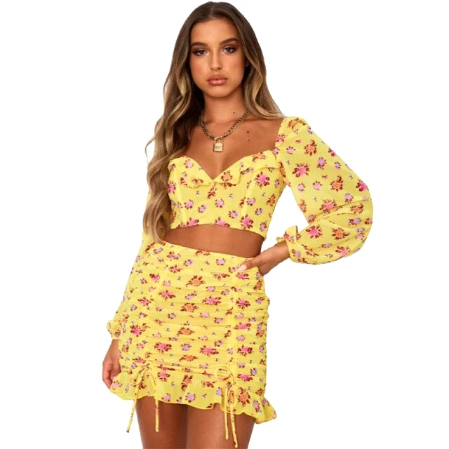 Women Fashion Suit Floral Print Bodycon Clothes Fall Summer Long Sleeve V Neck Shirt Tops+Ruched Skirts Ruffle Hem 2PCS Vacation