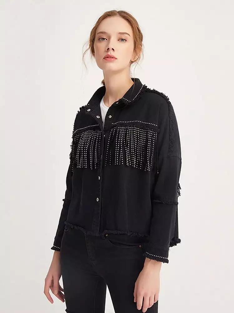 Women Fashion Tassel Beaded Oversized Denim Jacket Coat Women Vintage Long Sleeve Frayed Hem