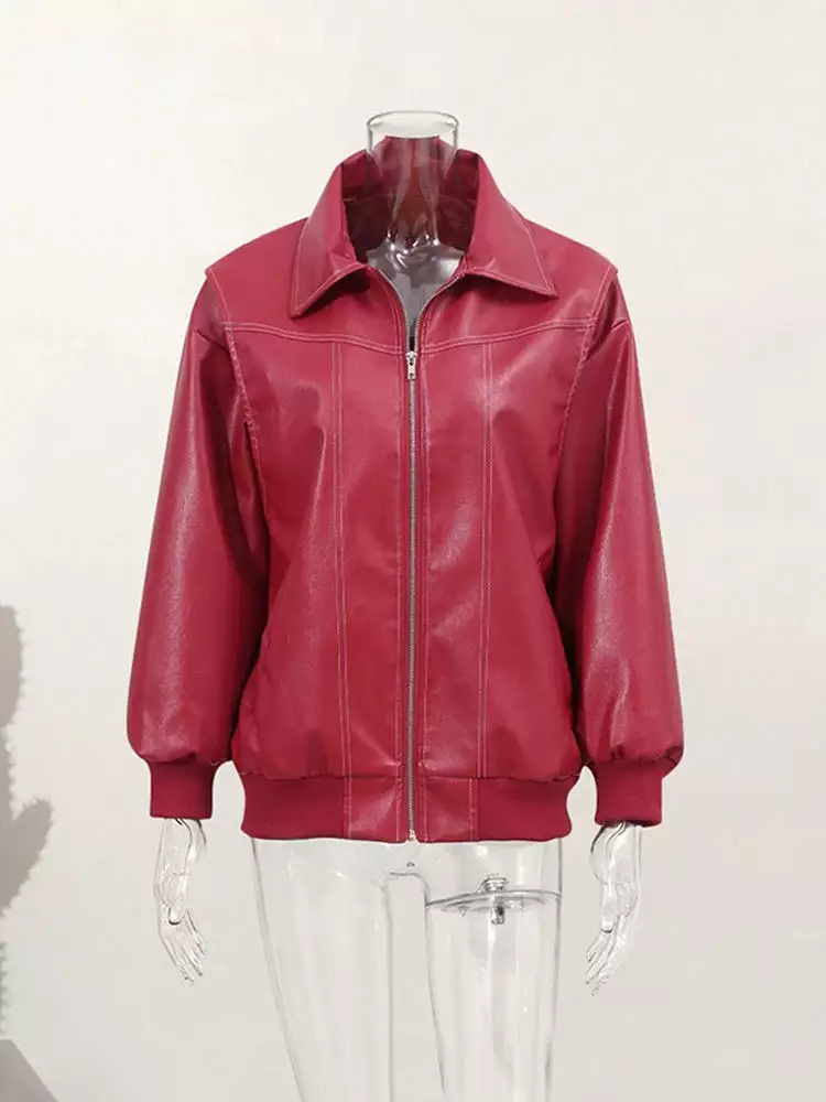 Women Red Lapel Zipper Leather Cropped Coat Autumn Casual Long Sleeve Patchwork Jacket